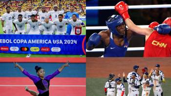Combo de fotografías de archivo que muestran a la selección masculina de fútbol de Panamá (arriba-i), a la boxeadora panameña Atheyna Bylon (arriba-d), a la gimnasta panameña Hillary Heron (abajo-i) y al equipo de béisbol de Panamá.
