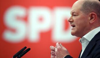 El canciller alemán, Olaf Scholz, durante el congreso del SPD, este sábado. EFE/EPA/CLEMENS BILAN