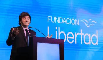 El presidente de Argentina, Javier Milei, durante la 'Cena de la Libertad', organizada por la libertaria Fundación Libertad, este miércoles en Rosario, Argentina.