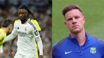 El jugador del Real Madrid, Eduardo Camavinga (izq.) y el portero del FC Barcelona, Marc-André ter Stegen.