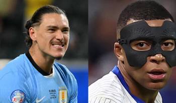 Los futbolista Darwin Núñez y Kylian Mbappé (d.).