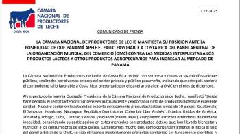 Comunicado de prensa de la Cámara Nacional de Productores de Leche de Costa Rica.