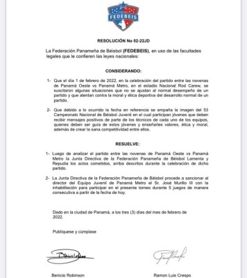 Resolución donde la Fedebeis suspende al mánager de Panamá Metro, José Murillo III