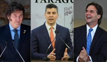 Combo de fotografías de archivo que muestra, desde la izquierda, a los presidentes de Argentina, Javier Milei; de Paraguay, Santiago Peña, y de Uruguay, Luis Lacalle Pou.