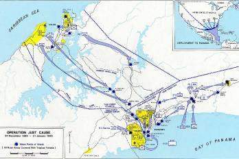 Este mapa de la Operación Causa Justa, muestra la serie de acciones ejecutadas durante el desarrollo de la invasión norteamericana a Panamá en diciembre de 1989.