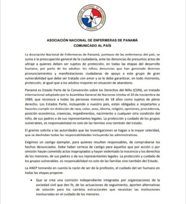 La Asociación Nacional de Enfermeras de Panamá, portavoz de las enfermeras del país, se suma a la preocupación general de la ciudadanía