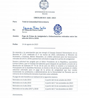 Universidad de Panamá, Circular R-D-1682-2023 del 24 de agosto de 2023.