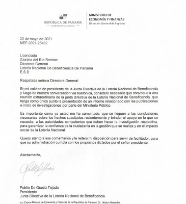 Carta del presidente de la LNB, Publio De Gracia Tejada     