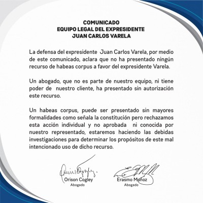 Comunicado emitido por el equipo legal del expresidente Juan Carlos Varela