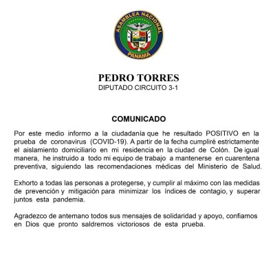 Asamblea Nacional confirma que el diputado Pedro Torres dio positivo a covid-19.