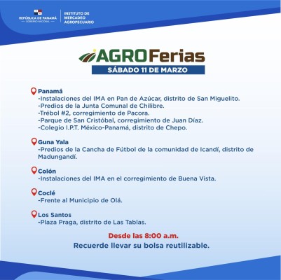 Calendario de Agroferias del IMA este 11 de marzo de 2023.