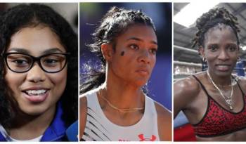 Combo de tres fotografías de archivo donde se ven a las deportistas panameñas Hillary Heron (i), Gianna Woodruff (c) y Atheyna Bylon.