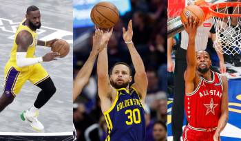 Los basquetbolistas estadounidenses Lebron James (i), Stephen Curry (c) y Kevin Durant.