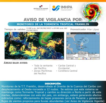 Aviso de vigilancia por la tormenta tropical Franklin que se mantendrá hasta el 23 de agosto.