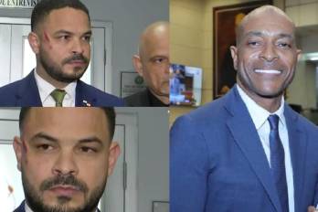 A la izquiera el diputado de la Bancada Seguimos, Betserai Richards, luce un golpe en su restro provocado por el diputado perredista Jairo Salazar, quien sale a la derecha.