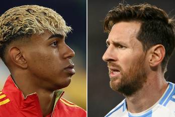 Los futbolistas Lamine Yamal (izq.) y Lionel Messi.