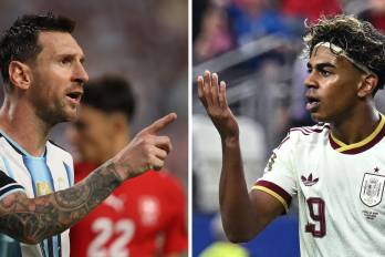 El argentino Lionel Messi (izq.) y el español Lamine Yamal.