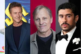 De izquierda a derecha: el artista puertorriqueño René Pérez Joglar (Residente), los actores Edward Norton y Viggo Mortensen y el cantante Bad Bunny.