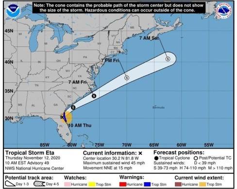 Gráfico cedido por el Centro Nacional de Huracanes (NHC) de Estados Unidos donde se muestra el pronóstico de trayectoria de tres días de la tormenta tropical Eta por la costa este del país. |
