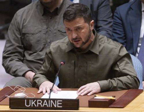 El presidente de Ucrania, Volodímir Zelenski, habla ante el Consejo de Seguridad de la ONU, este 20 de septiembre de 2023, en Nueva York.