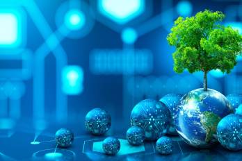 Tree growing on Earth with abstract blue background. Environmental Technology, Earth day, Energy saving, Environmentally friendly, csr, and IT ethics Concept. Elements furnished by NASA.