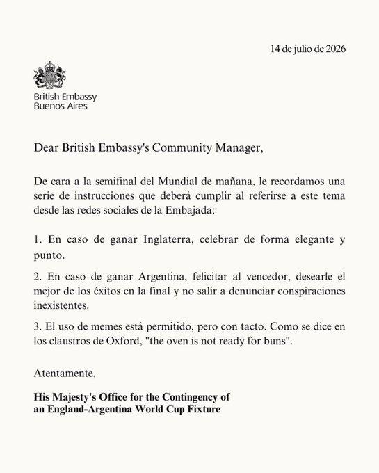 Memorándum humorístico para el encargado de redes sociales de la Embajada británica en Buenos Aires, buscando disminuir la tensión entre Argentina e Inglaterra