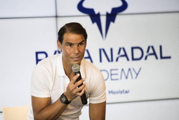 Spanish tennis player Rafael Nadal talks during a press conference to announce he will not compete in the French Open, at the Rafa Nadal Academy in Manacor, on the Spanish Balearic Island of Mallorca, on May 18, 2023. The 22-time Grand Slam winner withdrew from the French Open because his hip injury has not healed and said he expects 2024 to be his final year in professional tennis. (Photo by JAIME REINA / AFP)