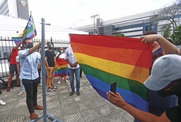 Izada de la bandera del 'orgullo gay' en las afueras de la Asamblea Nacional.