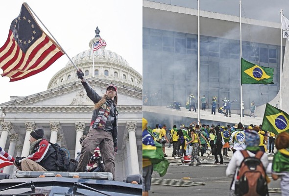 Fotografías que muestran: a la izquierda, a dos manifestantes pro Trump durante la toma del Capitolio el 6 de enero de 2021, en Washington (EE.UU.), y a la derecha, la toma de hoy por parte de manifestantes bolsonaristas en la sede del poder de la República de Brasil.