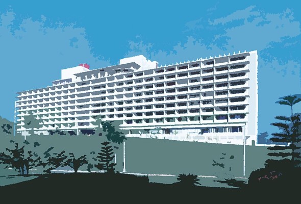 Hotel El Panamá en una representación artística a partir de una fotografía de 1951.