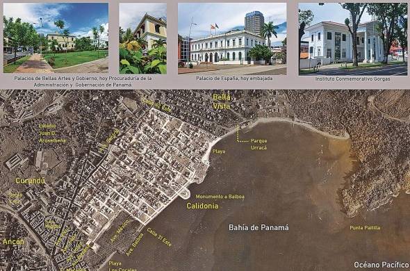 Fotografía aérea compuesta de Calidonia – La Exposición hasta Punta Paitilla, 1943. Se destaca el área desarrollada alrededor de la Exposición Nacional de Panamá, de 1916, y se indican puntos de referencia en amarillo.