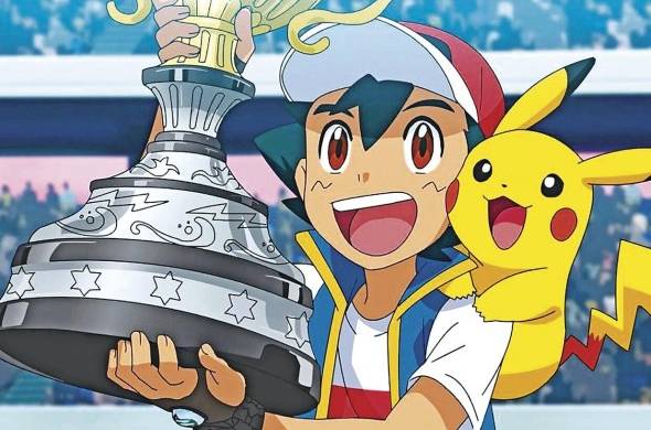 Ash Ketchum y Picachu levantando el trofeo de la Liga Pokémon.