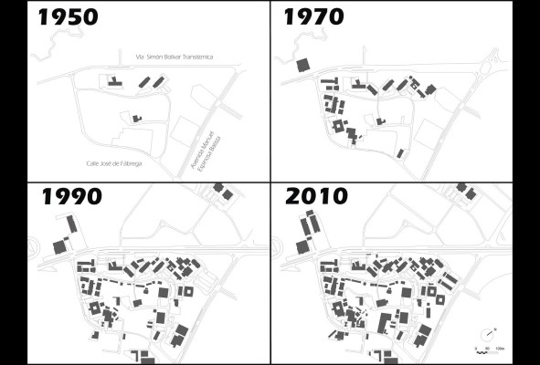 Diagrama de la evolución de construcciones en el Campus Octavio Méndez Pereira entre 1950 y 2010.