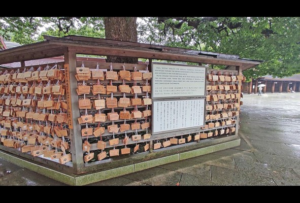 En el santuario Meiji los visitantes graban peticiones en este muro. Es parte de la tradición.