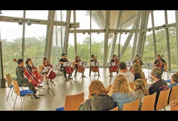 Ensamble de cellos presentado en una de las salas del Biomuseo