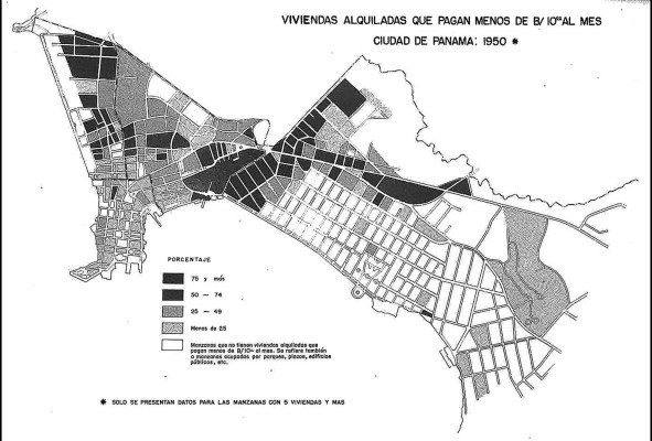 En este mapa se observa cómo las áreas con la mayor proporción de viviendas con un valor mensual de $10 al mes se concentran como un “cinturón de barrios de inquilinato” alrededor del barrio de San Felipe.