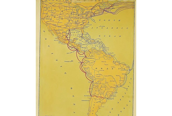 Mapa que muestra la red de cables que permitía la comunicación entre las Américas y Europa. La sección correspondiente a las conexiones entre México, Centro y Sudamérica era conocida como la 'vía Galvestone', y era administrada por la Central and South America Telegraph Company, fundada por James A. Scrymser en 1866, inicialmente para conectar la Florida con Cuba.