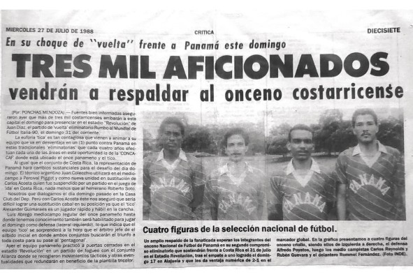 Recorte del diario 'Crítica', en el que se resalta a Carlos 'Chichi' Reynolds como una de las figuras de la Selección Nacional (27 de julio de 1988).