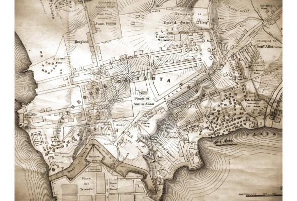 Sección del plano elaborado por Tiedemann en 1857 y que detalla las propiedades del ferrocarril en las proximidades de la ciudad de Panamá. Se puede apreciar en este plano el muro del lado de 'La Puerta de Tierra', además del foso y la explanada.