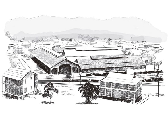 Ilustración basada en una fotografía de los Archivos Nacionales de EEUU, que muestra una vista general de talleres en Emperador.