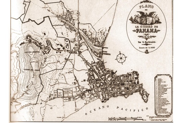 Plano de la ciudad de Panamá para 1904 elaborado por C. Bertoncini. Muestra la ciudad poco después de la separación de Colombia y antes de la construcción del Canal de Panamá. Destacan las áreas de expansión hacia el noreste, más allá de la línea del ferrocarril, donde se encontraban poblados como San Miguel, El Marañon y Guachapali.