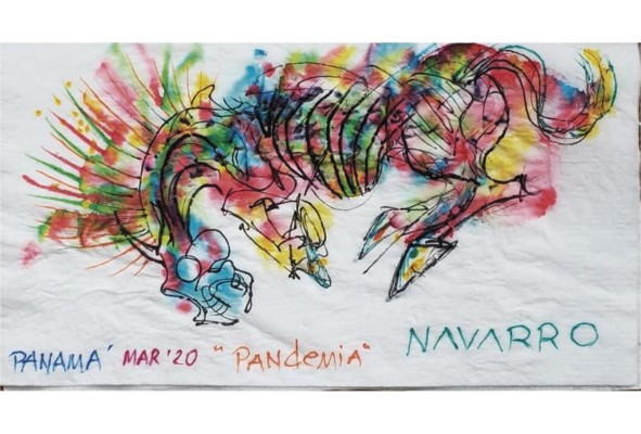 Eduardo Navarro, (Panamá), Pandemia I, 10 x 20 cm, Técnica mixta / servilleta, 2020