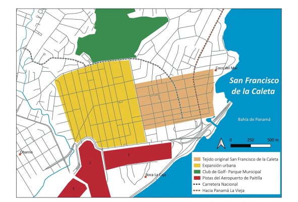 Vista de los terrenos planificados como pista de aterrizaje No. 3 del aeropuerto de Paitilla, que luego fueron cedidos al sistema educativo nacional. En primer plano el Instituto Profesional Isabel Herrera Obaldía, Multiplaza y el barrio de San Francisco de la Caleta al fondo.