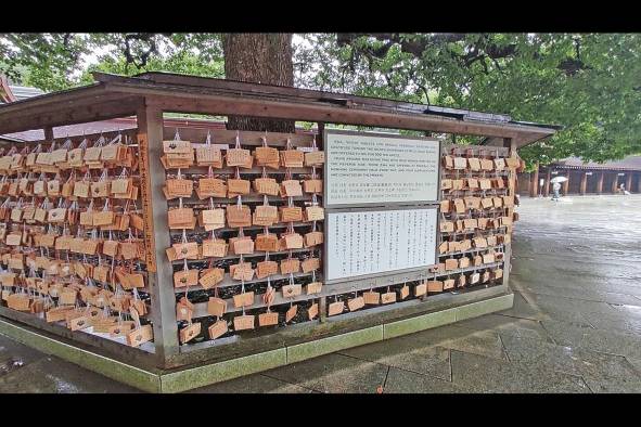 En el santuario Meiji los visitantes graban peticiones en este muro. Es parte de la tradición.