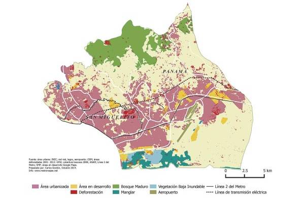 Mapa huella urbana 2010: Para 2010, el 30% (10,451.51 has) de la superficie de la cuenca corresponde a áreas urbanas o edificadas; 12,75% (4,449.95) corresponde a bosques y manglares.