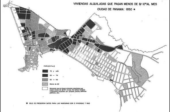 En este mapa se observa cómo las áreas con la mayor proporción de viviendas con un valor mensual de $10 al mes se concentran como un “cinturón de barrios de inquilinato” alrededor del barrio de San Felipe.