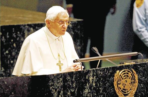 El papa Benedicto XVI, durante el discurso que pronunció ante la Asamblea General de Naciones Unidas, en la sede de la ONU en Nueva York, Estados Unidos.