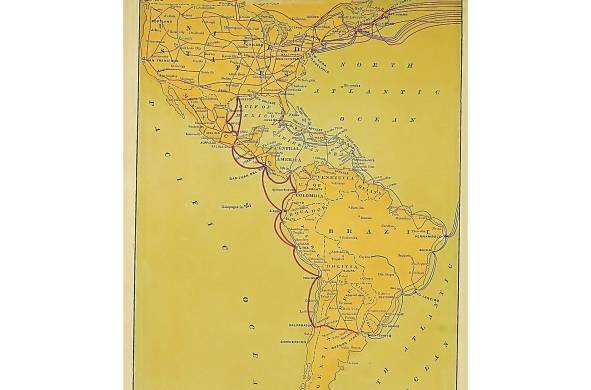 Mapa que muestra la red de cables que permitía la comunicación entre las Américas y Europa. La sección correspondiente a las conexiones entre México, Centro y Sudamérica era conocida como la 'vía Galvestone', y era administrada por la Central and South America Telegraph Company, fundada por James A. Scrymser en 1866, inicialmente para conectar la Florida con Cuba.