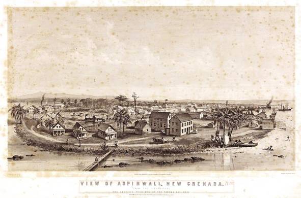 Charles Parsons &amp; Fessenden N. Otis: Vista de Aspinwall, Nueva Granada desde el faro. 1855. Litografía, Endicott &amp; Co. (Nueva York, N.Y.), impresor. Huntington Library, Los Ángeles, EE.UU.