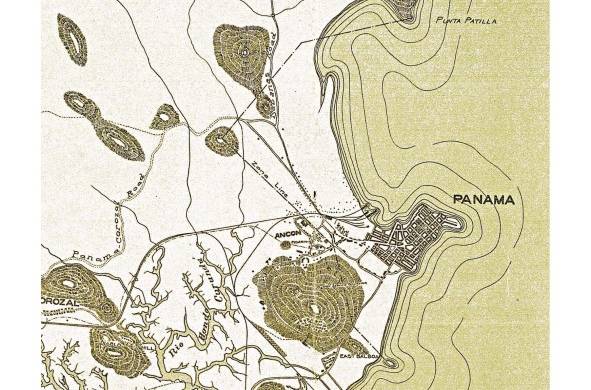 Mapa 'Pedro Miguel to Panamá' (recorte) de la Isthmian Canal Comission (Reporte Anual, 1910): véase el límite entre la Zona del Canal y la ciudad de Panamá, modificados en 1915, al coincidir con el establecimiento de los barrios de San Felipe, Santa Ana, El Chorrillo y Calidonia.